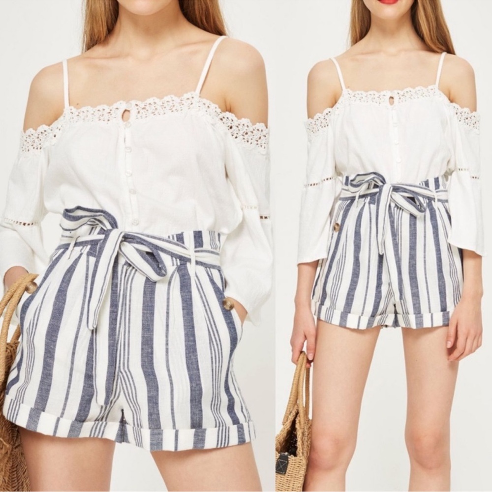 Topshop Stripe Tie Waist Linen Blend Shorts Size 2 - Picture 3 of 9